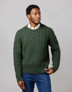 Aran Crew Neck Jumper - Dark Green