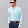 Linen Grandad Collar Shirt - Aqua