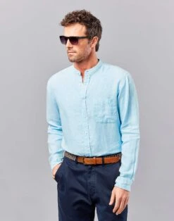 Linen Grandad Collar Shirt - Aqua