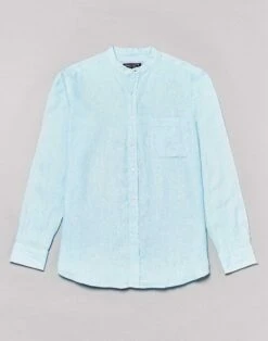 Linen Grandad Collar Shirt - Aqua -Joseph Turner Shop Mens Aqua Linen Collarless Shirt MCLNCLAQU 3