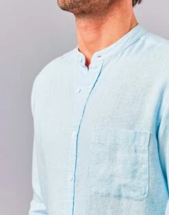Linen Grandad Collar Shirt - Aqua -Joseph Turner Shop Mens Aqua Linen Collarless Shirt MCLNCLAQU 4