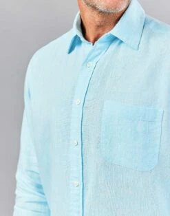 Linen Shirt Long Sleeve - Aqua -Joseph Turner Shop Mens Aqua Long Sleeve Linen Shirt MCLNLSAQU 4