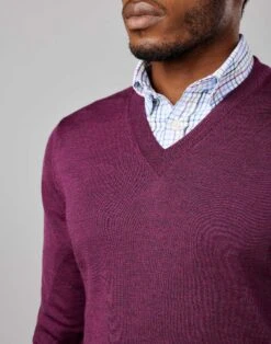 Merino V Neck Jumper - Berry -Joseph Turner Shop Mens Berry Merino V Neck Jumper MKMEVNBER 4