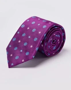 Blue Flowers On Magenta Woven Silk Tie