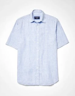Linen Shirt Short Sleeve - Blue Gingham -Joseph Turner Shop Mens Blue Gingham Short Sleeve Linen Shirt MCLNSSSKG 3