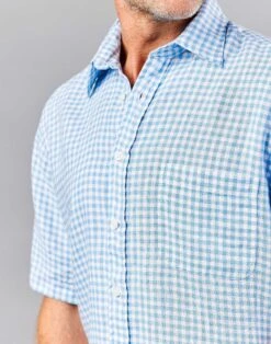 Linen Shirt Short Sleeve - Blue Gingham -Joseph Turner Shop Mens Blue Gingham Short Sleeve Linen Shirt MCLNSSSKG 4