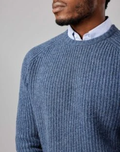 Lambswool Whitby Rib Crew Neck Jumper - Blue -Joseph Turner Shop Mens Blue Lambswool Whitby Crew Neck Jumper MKLWWRBLU 4