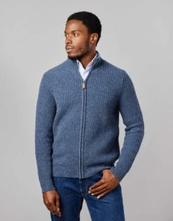 Lambswool Whitby Zip Cardigan - Blue