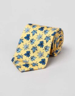 Blue Leaves On Yellow Printed Silk Tie