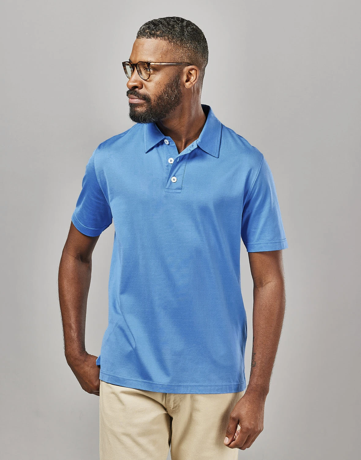 Mercerised Jersey Polo Shirt - Blue 4 Mercerised Jersey Polo Shirt - Blue - Image 2