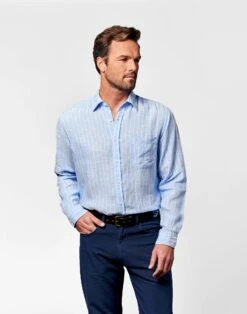 Linen Shirt Long Sleeve - Blue/White Stripe