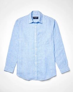 Linen Shirt Long Sleeve - Blue/White Stripe -Joseph Turner Shop Mens Blue White Stripe Long Sleeve Linen Shirt MCLNLSBWS 3