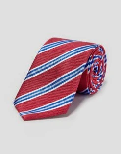 Blue/White Stripes On Red Woven Silk Tie