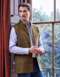 Tweed Nehru Gilet - Brown/Damson/Blue Check