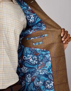 Tweed Nehru Gilet - Brown/Damson/Blue Check -Joseph Turner Shop Mens Brown Damson Blue Check Nehru Gilet MJNEHWBDB 5