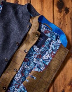 Tweed Nehru Gilet - Brown/Damson/Blue Check -Joseph Turner Shop Mens Brown Damson Blue Check Nehru Gilet MJNEHWBDB 6