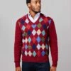 Harlequin V Neck Jumper - Burgundy -Joseph Turner Shop Mens Burgundy Harlequin V Neck Jumper MKHAQVBUR 1