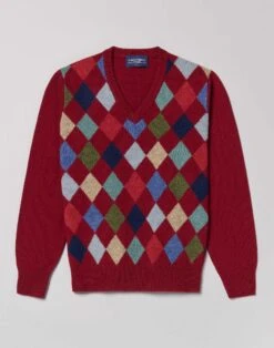 Harlequin V Neck Jumper - Burgundy -Joseph Turner Shop Mens Burgundy Harlequin V Neck Jumper MKHAQVBUR 3