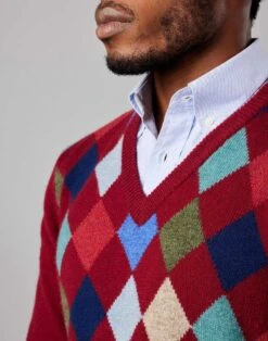 Harlequin V Neck Jumper - Burgundy -Joseph Turner Shop Mens Burgundy Harlequin V Neck Jumper MKHAQVBUR 4