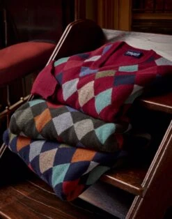 Harlequin V Neck Jumper - Burgundy -Joseph Turner Shop Mens Burgundy Harlequin V Neck Jumper MKHAQVBUR 6