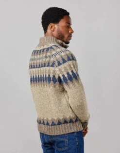 Fair Isle Button Neck Jumper - Cobble/Navy -Joseph Turner Shop Mens Cobble Navy Fair Isle Button Neck Jumper MKNFIBCON 2