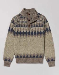 Fair Isle Button Neck Jumper - Cobble/Navy -Joseph Turner Shop Mens Cobble Navy Fair Isle Button Neck Jumper MKNFIBCON 3