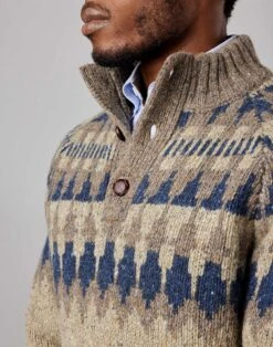 Fair Isle Button Neck Jumper - Cobble/Navy -Joseph Turner Shop Mens Cobble Navy Fair Isle Button Neck Jumper MKNFIBCON 4