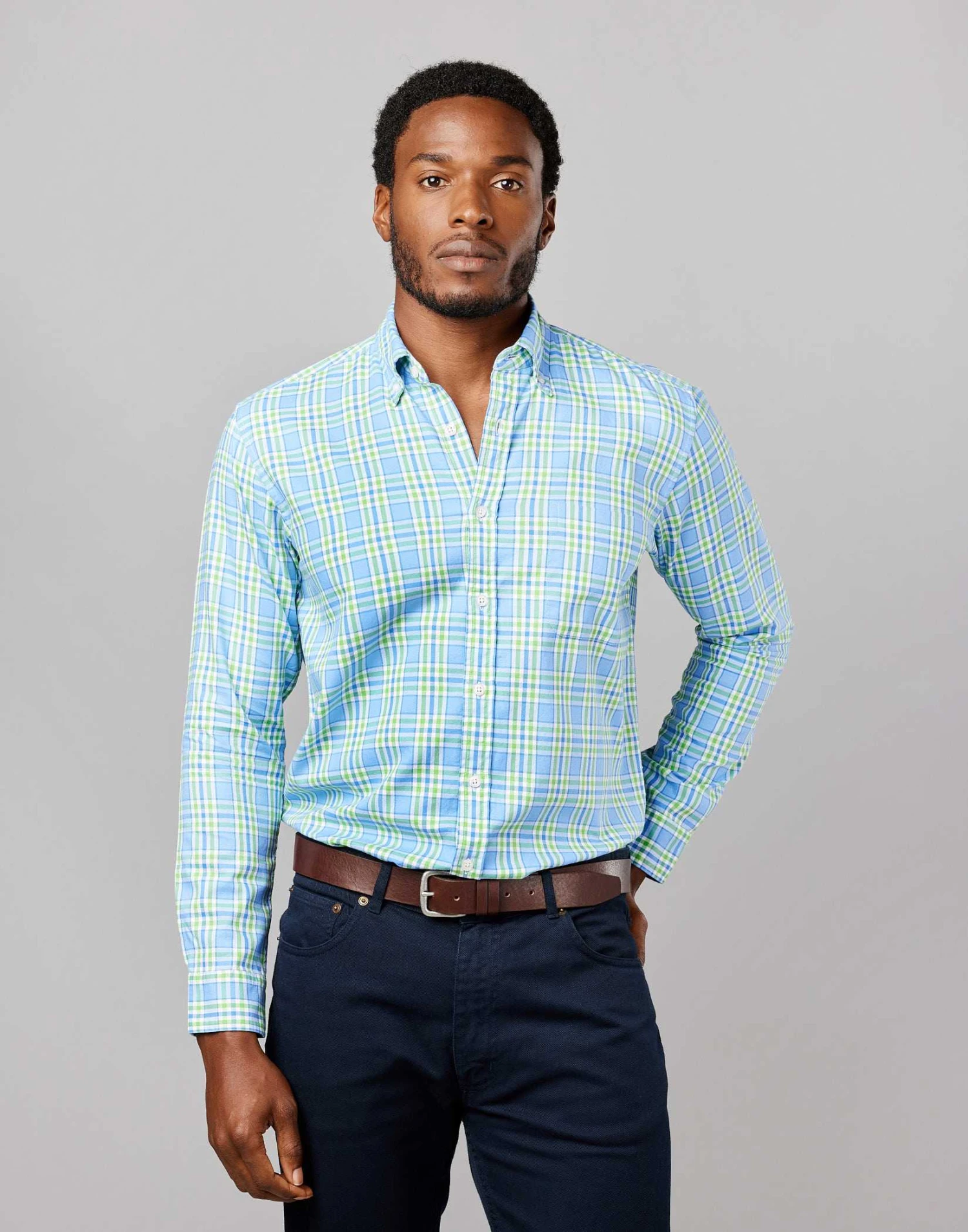 Washed Button Down Oxford Shirt - Green/Blue Check 3 Washed Button Down Oxford Shirt - Green/Blue Check