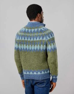 Fair Isle Button Neck Jumper - Green/Blue -Joseph Turner Shop Mens Green Blue Fair Isle Button Neck Jumper MKNFIBGRB 2
