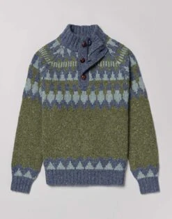 Fair Isle Button Neck Jumper - Green/Blue -Joseph Turner Shop Mens Green Blue Fair Isle Button Neck Jumper MKNFIBGRB 3
