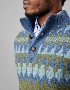 Fair Isle Button Neck Jumper - Green/Blue -Joseph Turner Shop Mens Green Blue Fair Isle Button Neck Jumper MKNFIBGRB 4