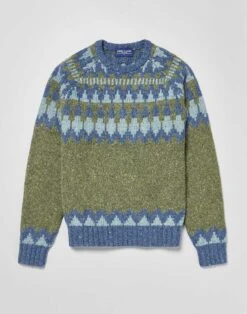 Fair Isle Crew Neck Jumper - Green/Blue -Joseph Turner Shop Mens Green Blue Fair Isle Crew Neck Jumper MKNFICGRB 3
