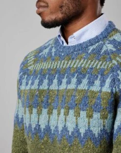Fair Isle Crew Neck Jumper - Green/Blue -Joseph Turner Shop Mens Green Blue Fair Isle Crew Neck Jumper MKNFICGRB 4