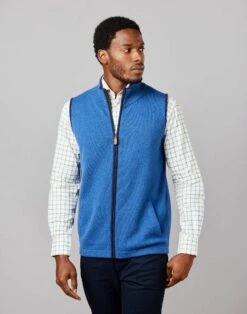 Merino Gilet - Blue -Joseph Turner Shop Mens Mid Blue Knitted Merino Gilet MKMEGTBLU 1