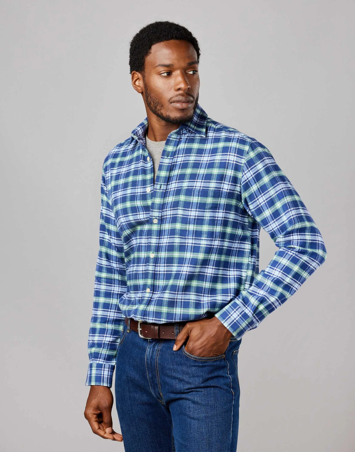 Brushed Cotton Check Shirt - Navy/Green 4 Brushed Cotton Check Shirt - Navy/Green - Image 2