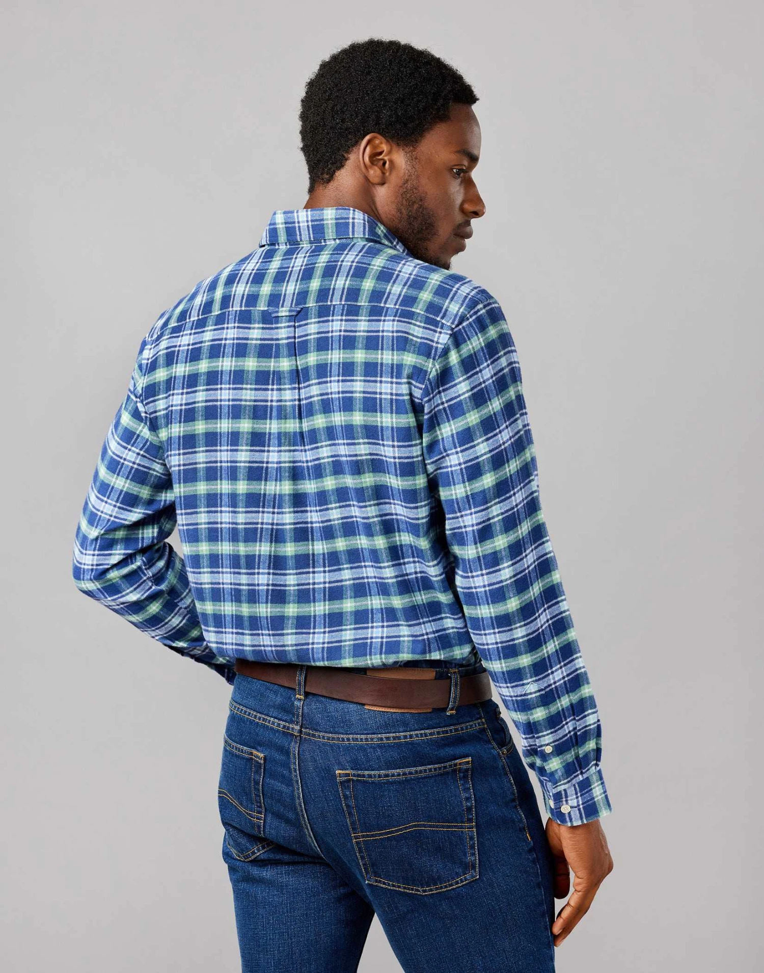 Brushed Cotton Check Shirt - Navy/Green 5 Brushed Cotton Check Shirt - Navy/Green - Image 3