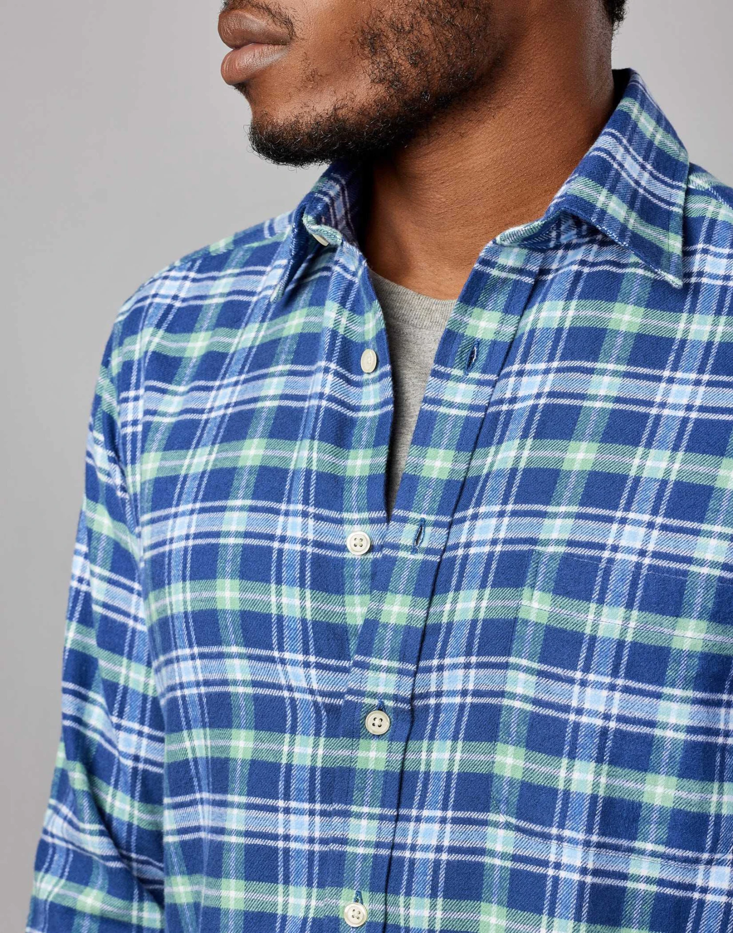 Brushed Cotton Check Shirt - Navy/Green 7 Brushed Cotton Check Shirt - Navy/Green - Image 5