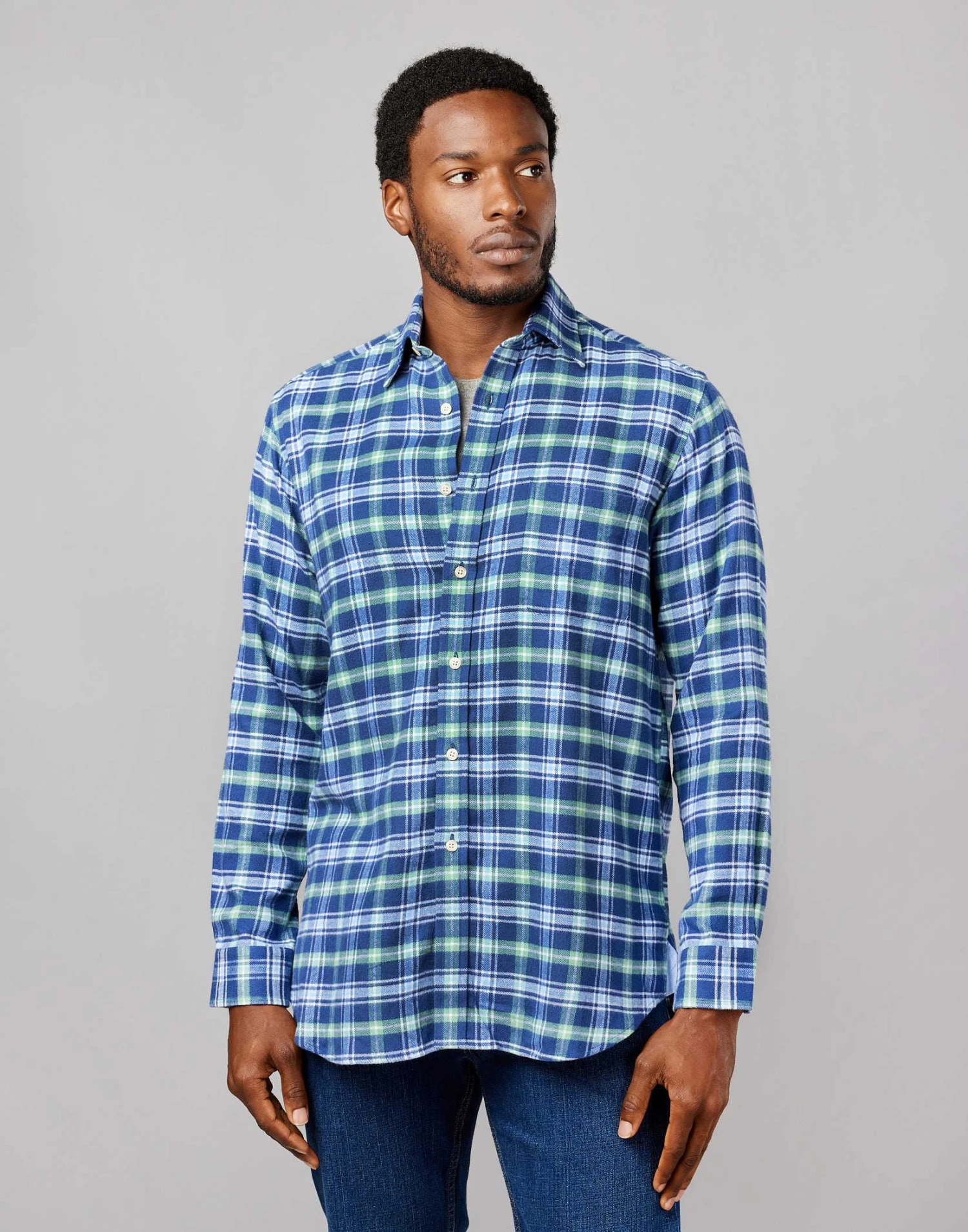 Brushed Cotton Check Shirt - Navy/Green 8 Brushed Cotton Check Shirt - Navy/Green - Image 6