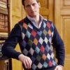 Harlequin V Neck Jumper - Navy -Joseph Turner Shop Mens Navy Harlequin V Neck Jumper MKHAQVNAV 0