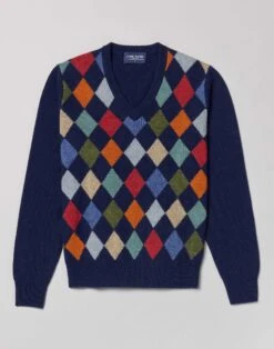 Harlequin V Neck Jumper - Navy -Joseph Turner Shop Mens Navy Harlequin V Neck Jumper MKHAQVNAV 3