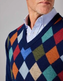 Harlequin V Neck Jumper - Navy -Joseph Turner Shop Mens Navy Harlequin V Neck Jumper MKHAQVNAV 4