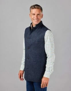 Tweed Nehru Gilet - Navy Herringbone
