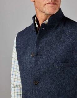 Tweed Nehru Gilet - Navy Herringbone -Joseph Turner Shop Mens Navy Herringbone Nehru Gilet MJNEHWNVH 4