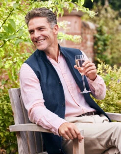 Nehru Wool/Linen Gilet - Navy Herringbone