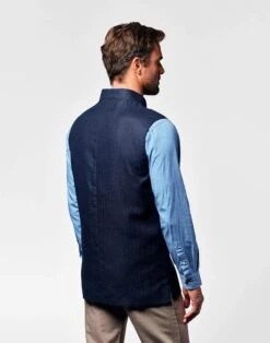 Nehru Wool/Linen Gilet - Navy Herringbone 11 Nehru Wool/Linen Gilet - Navy Herringbone -Joseph Turner Shop Mens Navy Herringbone Nehru Waistcoat MJNEWLNAH 2