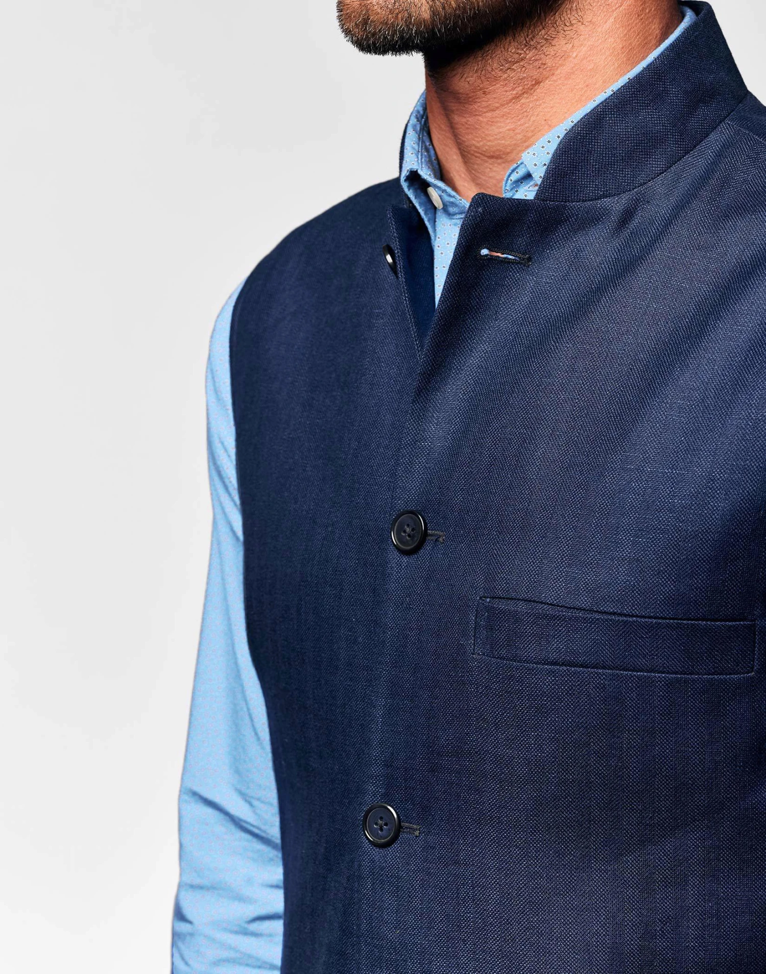 Nehru Wool/Linen Gilet - Navy Herringbone 6 Nehru Wool/Linen Gilet - Navy Herringbone - Image 4