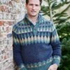 Fair Isle Button Neck Jumper - Navy/Teal -Joseph Turner Shop Mens Navy Teal Fair Isle Button Neck Jumper MKNFIBNVT 0