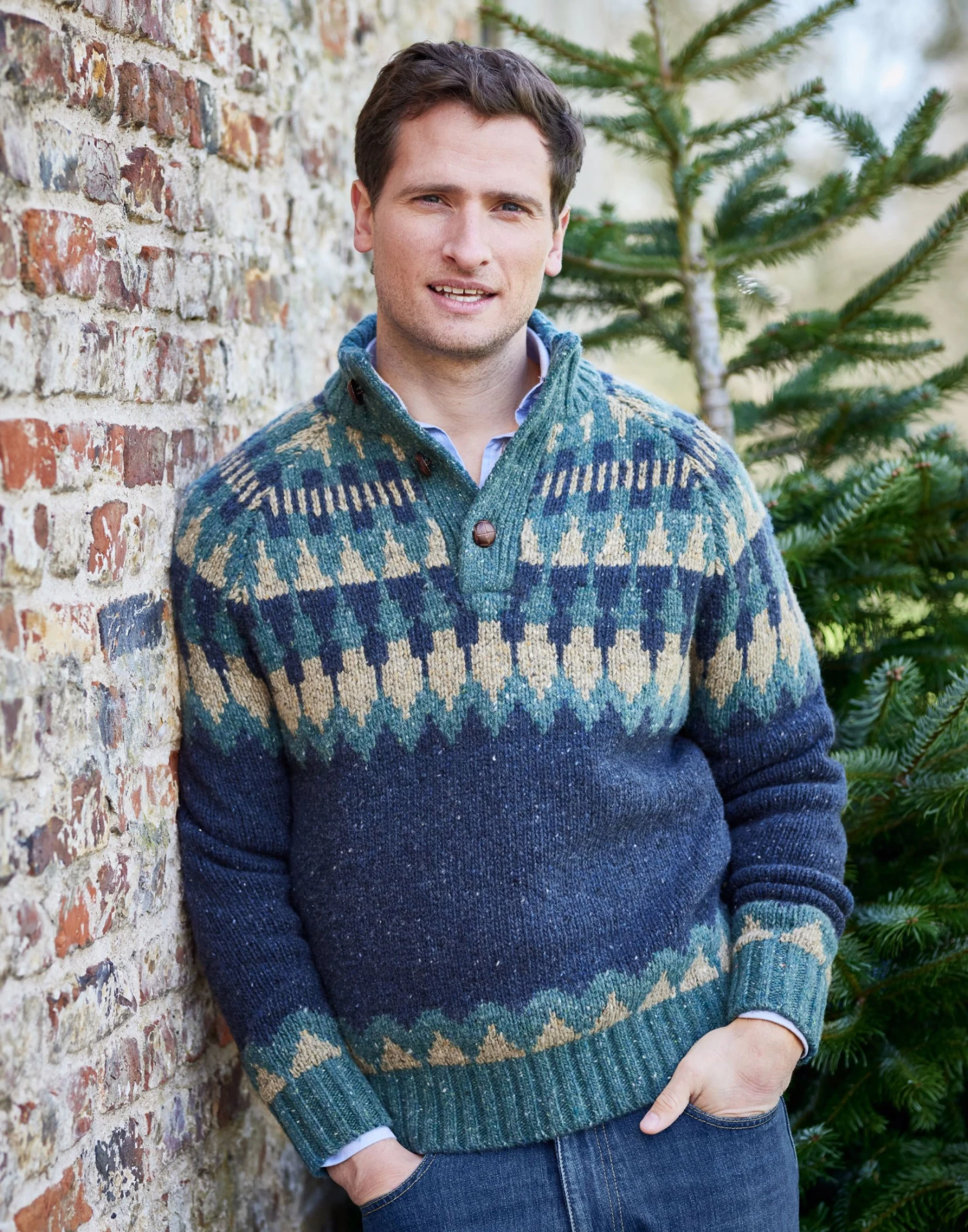 Fair Isle Button Neck Jumper - Navy/Teal 3 Fair Isle Button Neck Jumper - Navy/Teal