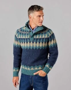 Fair Isle Button Neck Jumper - Navy/Teal 9 Fair Isle Button Neck Jumper - Navy/Teal -Joseph Turner Shop Mens Navy Teal Fair Isle Button Neck Jumper MKNFIBNVT 1