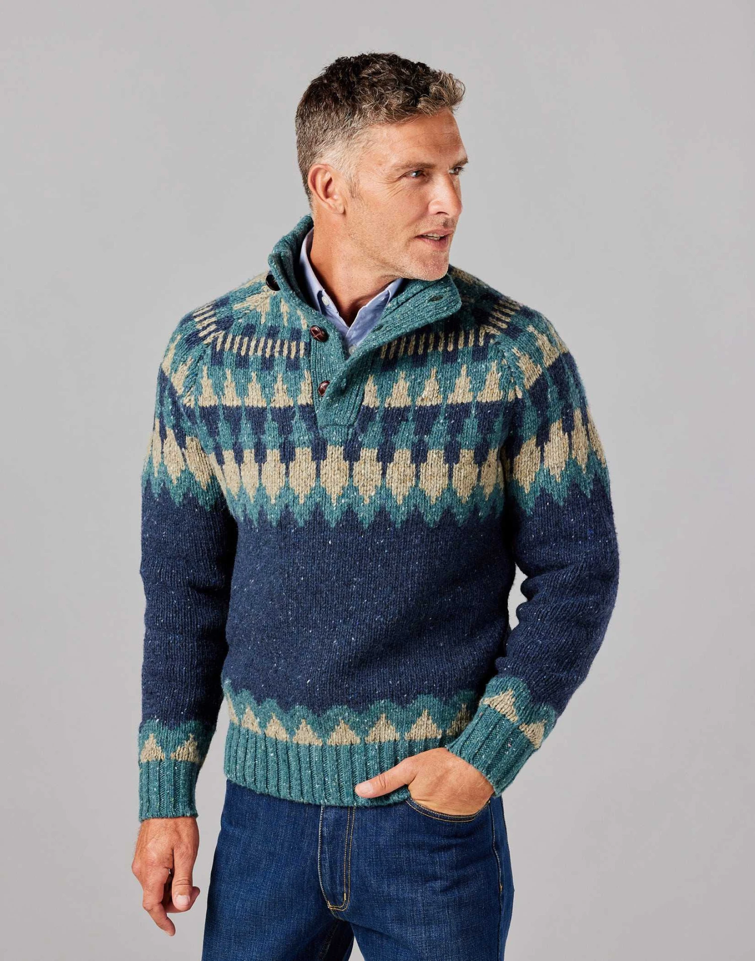 Fair Isle Button Neck Jumper - Navy/Teal 4 Fair Isle Button Neck Jumper - Navy/Teal - Image 2